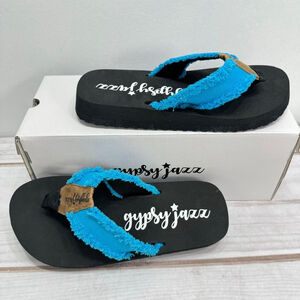 Gypsy Jazz Encore Turquoise Frayed Canvas Thong Flip Flop Sandal Black Sole